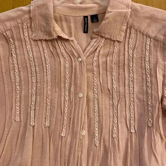 Women's Pink Cotton Gauze Frayed Boho Collared Blouse Large Love Haight - Picture 12 of 13